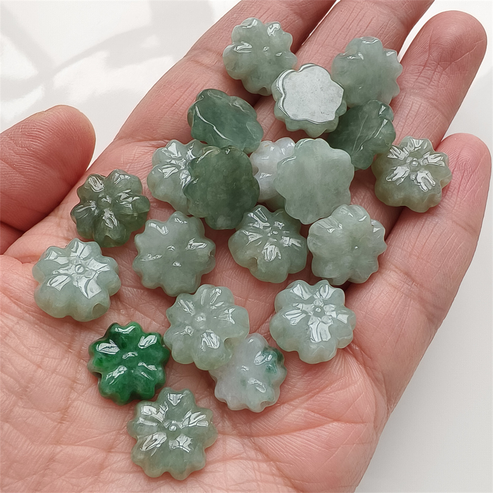 5Pcs Natural Certificated Type A Untreated 13-14X5mm Green White Burmese Jadeite Plum Blossom Beads,Go Through Hole Flowers Beads,DIY Jewelry Supplies