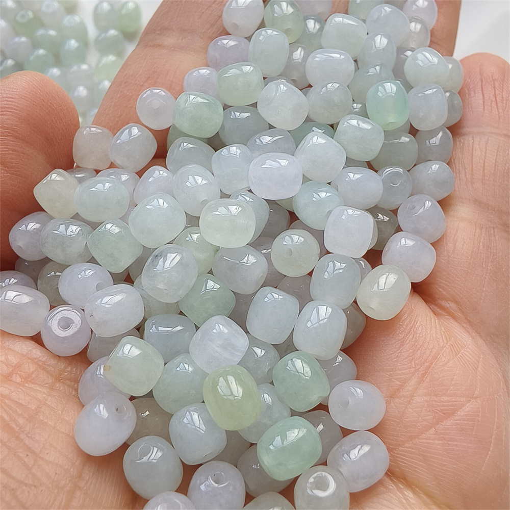 30pcs 6mm Natural Certificated Type A Icy Green White Burmese Jadeite Smooth Cylinder Barrel Beads,Burma Jadeite Loose Beads,DIY Jewelry Supplies