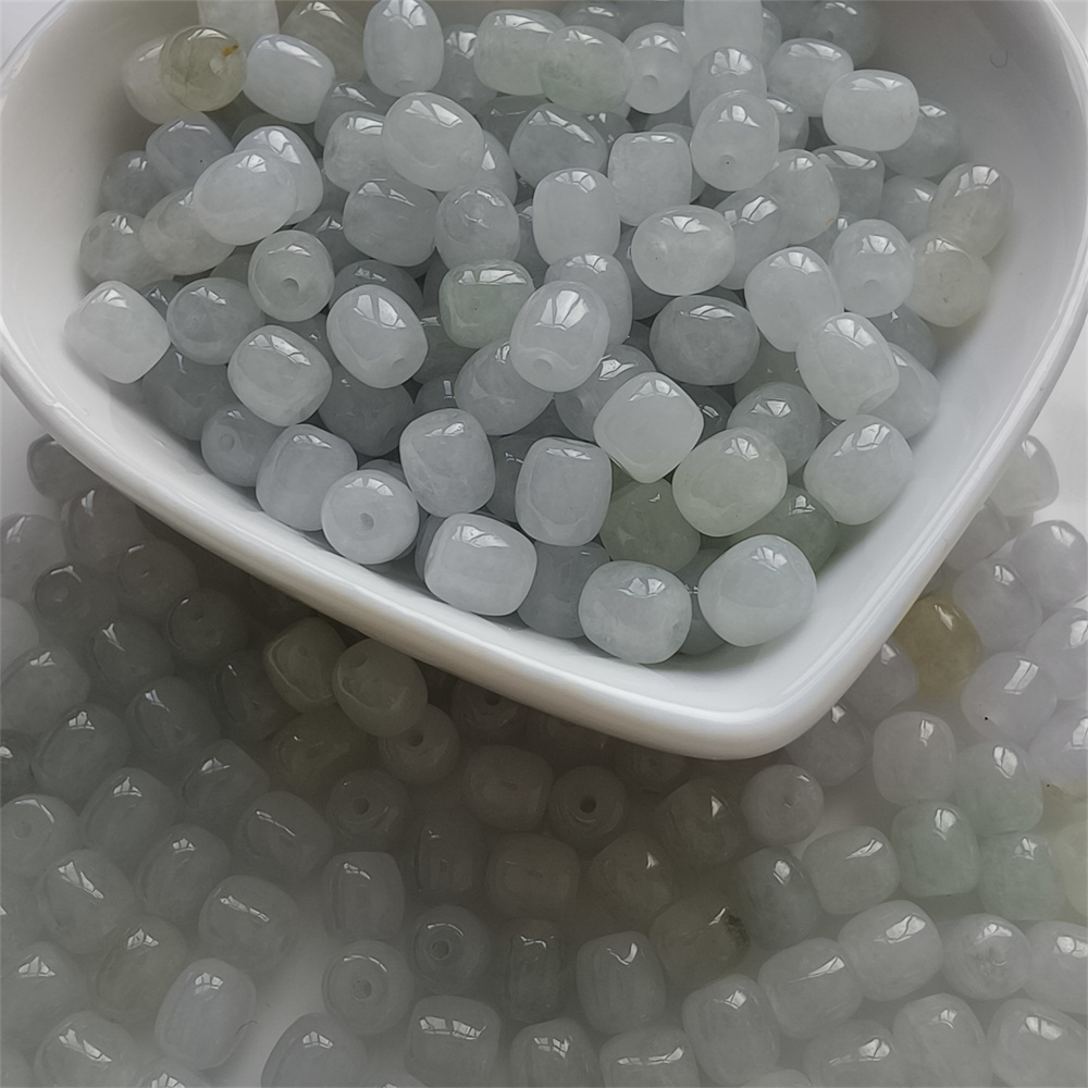 30pcs 6mm Natural Certificated Type A Icy Green White Burmese Jadeite Smooth Cylinder Barrel Beads,Burma Jadeite Loose Beads,DIY Jewelry Supplies
