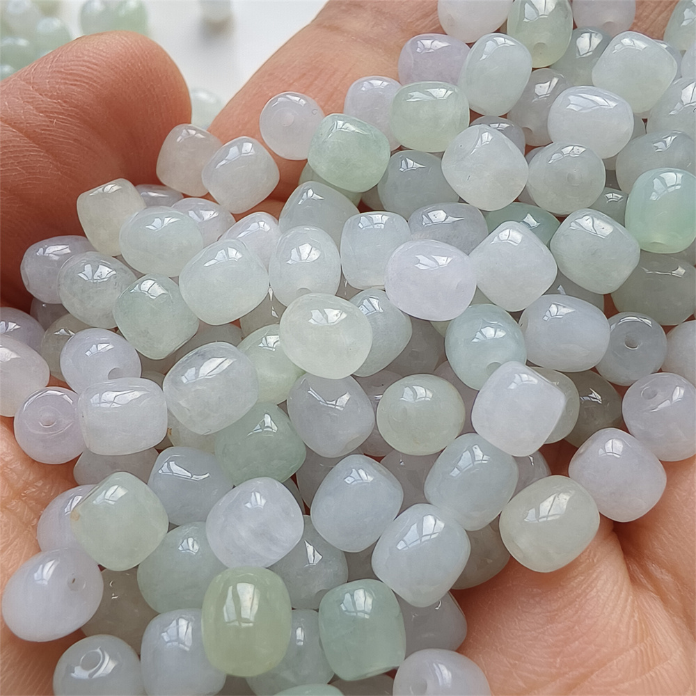 30pcs 6mm Natural Certificated Type A Icy Green White Burmese Jadeite Smooth Cylinder Barrel Beads,Burma Jadeite Loose Beads,DIY Jewelry Supplies