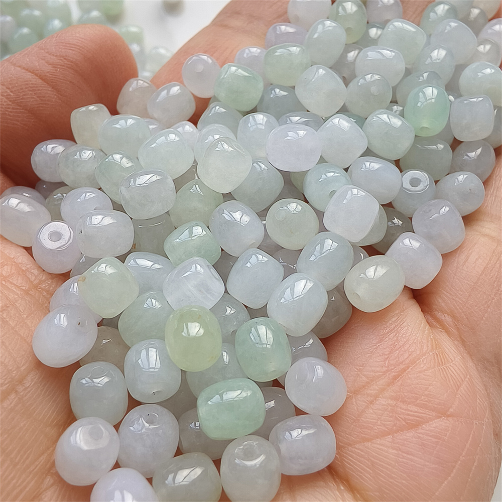 30pcs 6mm Natural Certificated Type A Icy Green White Burmese Jadeite Smooth Cylinder Barrel Beads,Burma Jadeite Loose Beads,DIY Jewelry Supplies