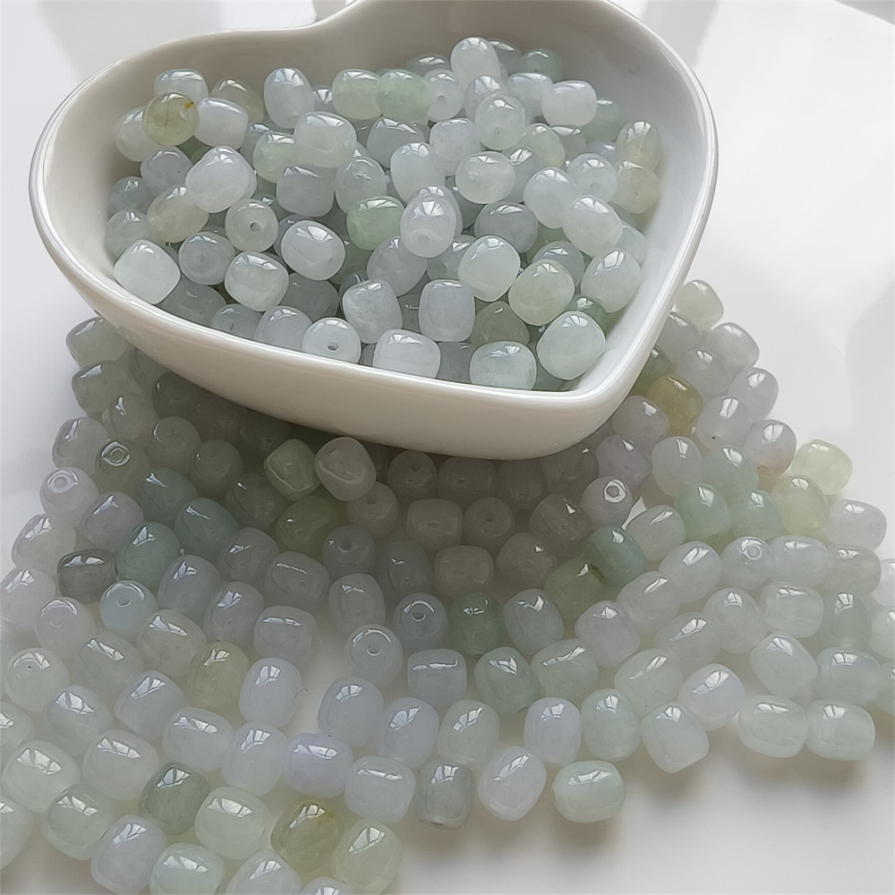 30pcs 6mm Natural Certificated Type A Icy Green White Burmese Jadeite Smooth Cylinder Barrel Beads,Burma Jadeite Loose Beads,DIY Jewelry Supplies