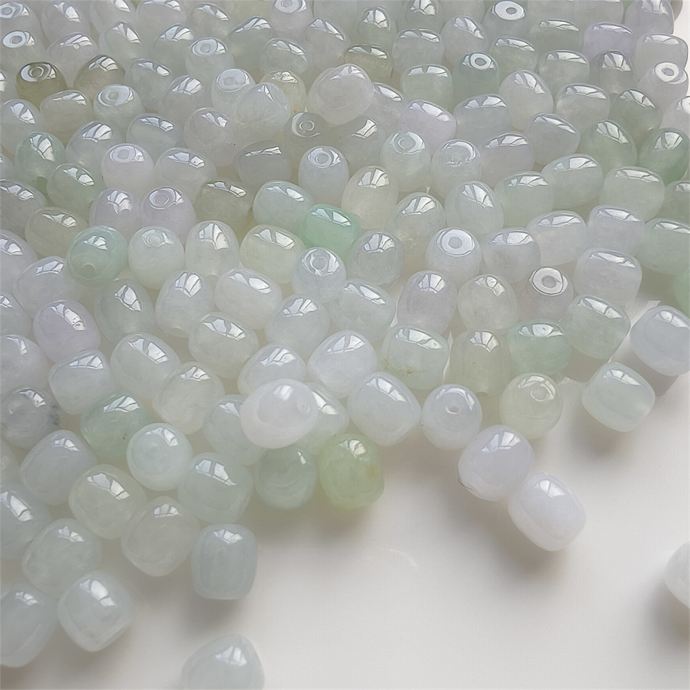 30pcs 6mm Natural Certificated Type A Icy Green White Burmese Jadeite Smooth Cylinder Barrel Beads,Burma Jadeite Loose Beads,DIY Jewelry Supplies