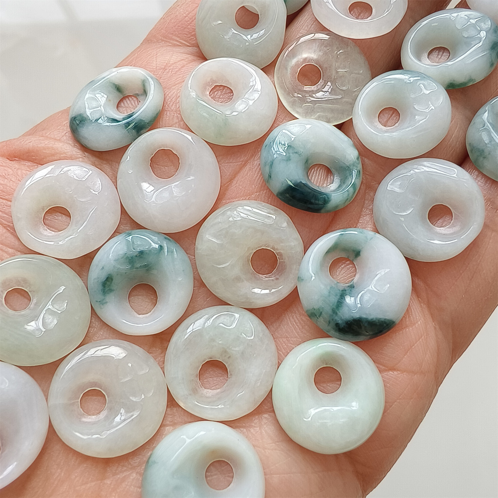 5pcs Natural Certificated Type A Untreated 15mm White And Moss In Snow Burmese Jadeite Safety Buckle Pendant With Eccentric Hole,Donuts And Rings,DIY Jewelry Supplies