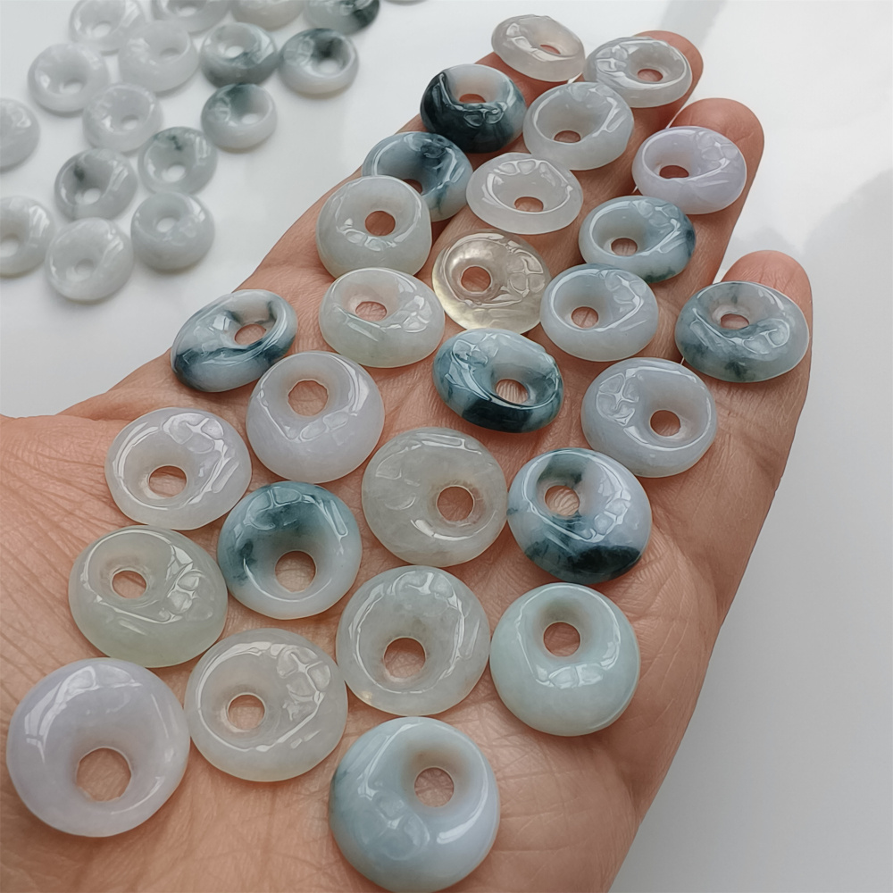 5pcs Natural Certificated Type A Untreated 15mm White And Moss In Snow Burmese Jadeite Safety Buckle Pendant With Eccentric Hole,Donuts And Rings,DIY Jewelry Supplies