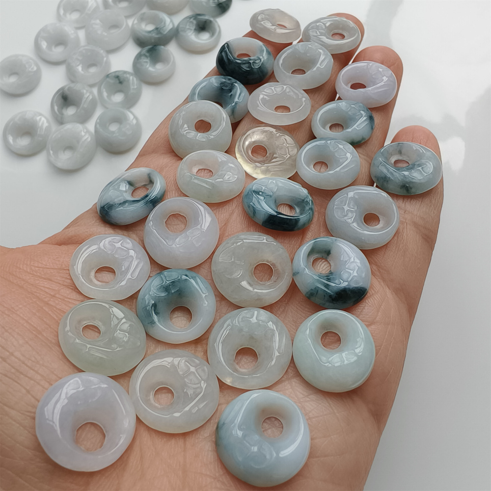 5pcs Natural Certificated Type A Untreated 15mm White And Moss In Snow Burmese Jadeite Safety Buckle Pendant With Eccentric Hole,Donuts And Rings,DIY Jewelry Supplies