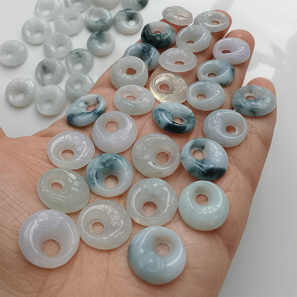5pcs Natural Certificated Type A Untreated 15mm White And Moss In Snow Burmese Jadeite Safety Buckle Pendant With Eccentric Hole,Donuts And Rings,DIY Jewelry Supplies