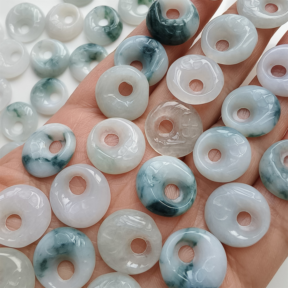 5pcs Natural Certificated Type A Untreated 15mm White And Moss In Snow Burmese Jadeite Safety Buckle Pendant With Eccentric Hole,Donuts And Rings,DIY Jewelry Supplies