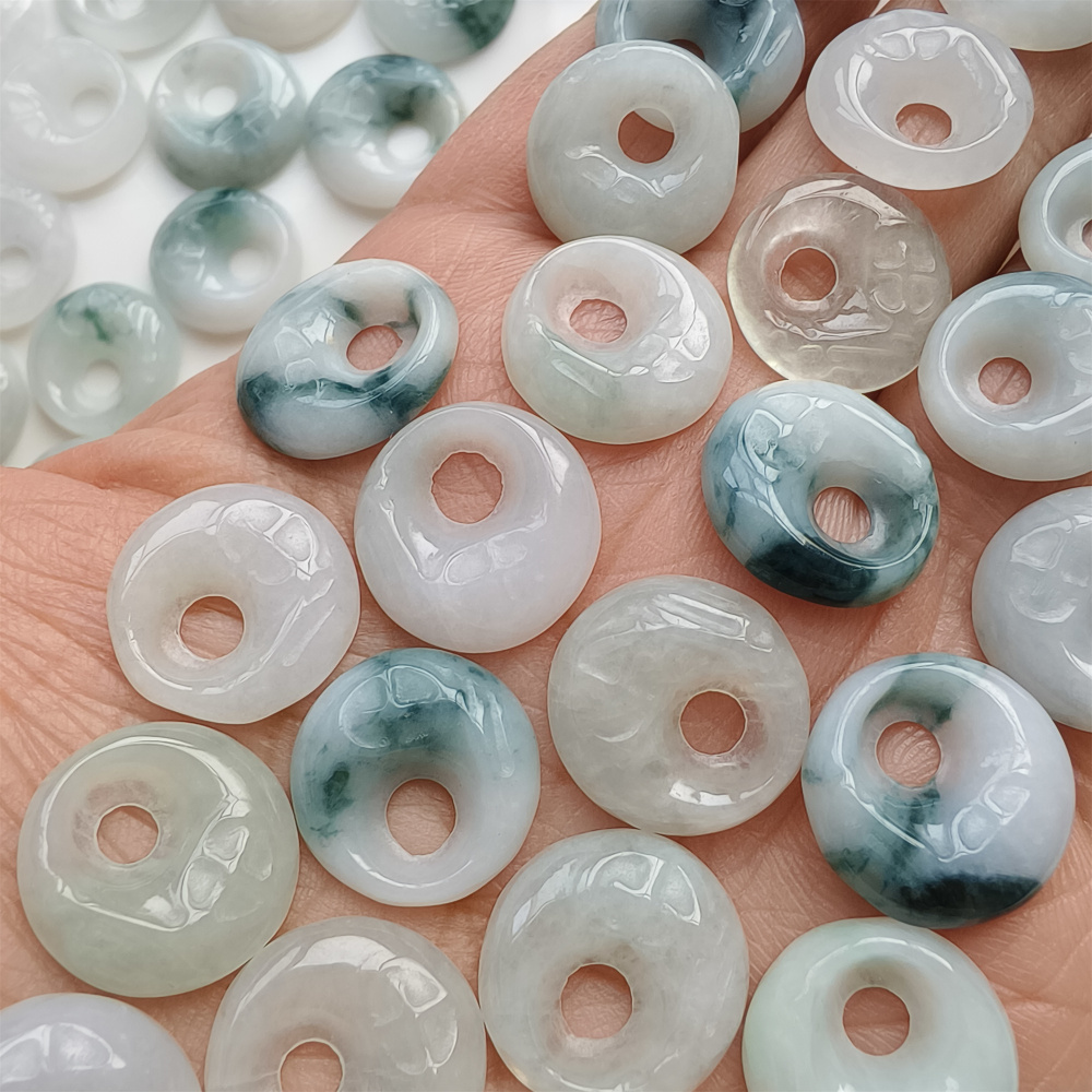 5pcs Natural Certificated Type A Untreated 15mm White And Moss In Snow Burmese Jadeite Safety Buckle Pendant With Eccentric Hole,Donuts And Rings,DIY Jewelry Supplies