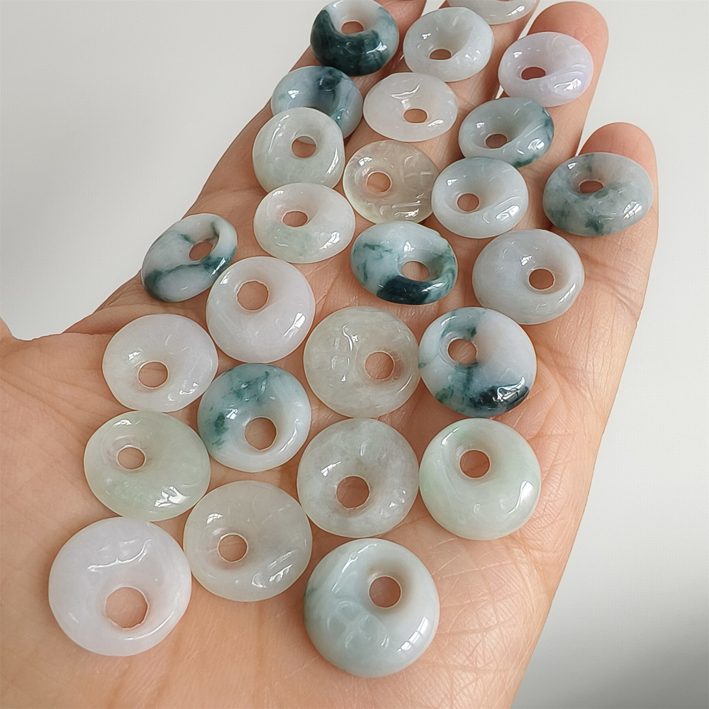 5pcs Natural Certificated Type A Untreated 15mm White And Moss In Snow Burmese Jadeite Safety Buckle Pendant With Eccentric Hole,Donuts And Rings,DIY Jewelry Supplies