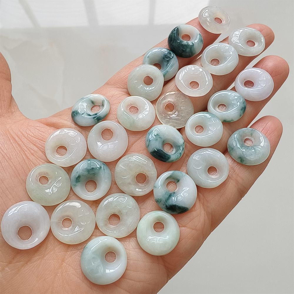 5pcs Natural Certificated Type A Untreated 15mm White And Moss In Snow Burmese Jadeite Safety Buckle Pendant With Eccentric Hole,Donuts And Rings,DIY Jewelry Supplies