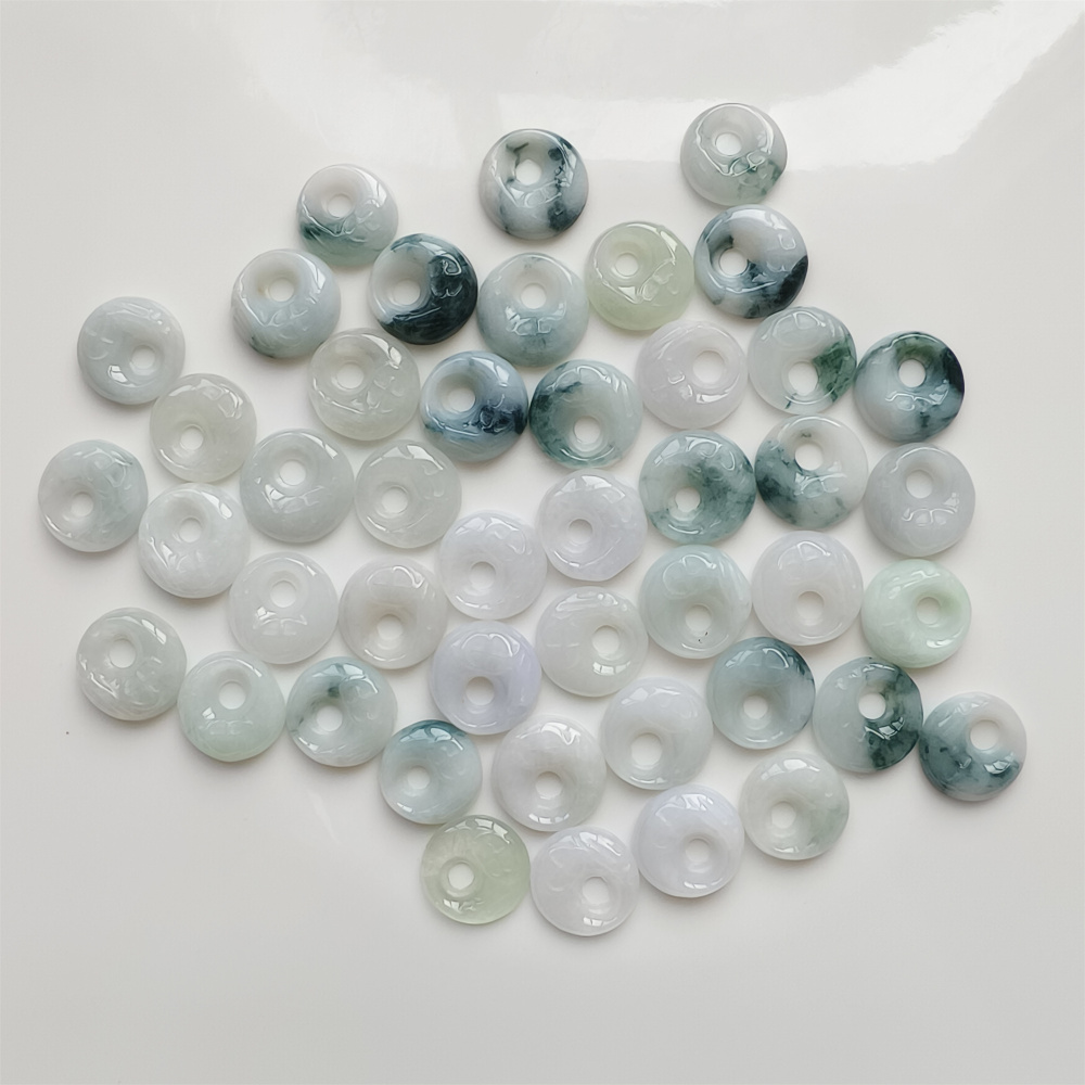 5pcs Natural Certificated Type A Untreated 15mm White And Moss In Snow Burmese Jadeite Safety Buckle Pendant With Eccentric Hole,Donuts And Rings,DIY Jewelry Supplies