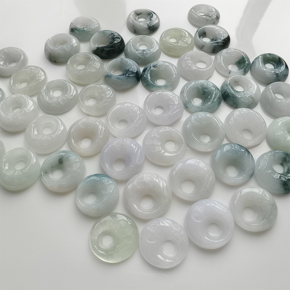 5pcs Natural Certificated Type A Untreated 15mm White And Moss In Snow Burmese Jadeite Safety Buckle Pendant With Eccentric Hole,Donuts And Rings,DIY Jewelry Supplies
