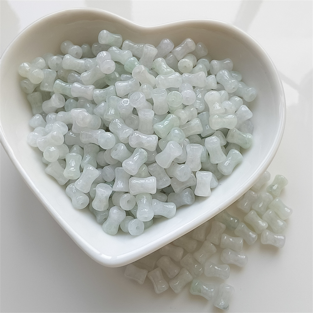50Pcs 7X4mm Natural Certificated Type A Untreated Icy Waxy Green White Burmese Jadeite Bone Shaped Beads,Burma Jadeite Loose Beads,DIY Jewelry Supplies