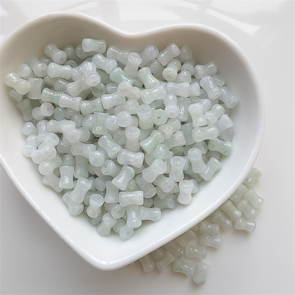 50Pcs 7X4mm Natural Certificated Type A Untreated Icy Waxy Green White Burmese Jadeite Bone Shaped Beads,Burma Jadeite Loose Beads,DIY Jewelry Supplies