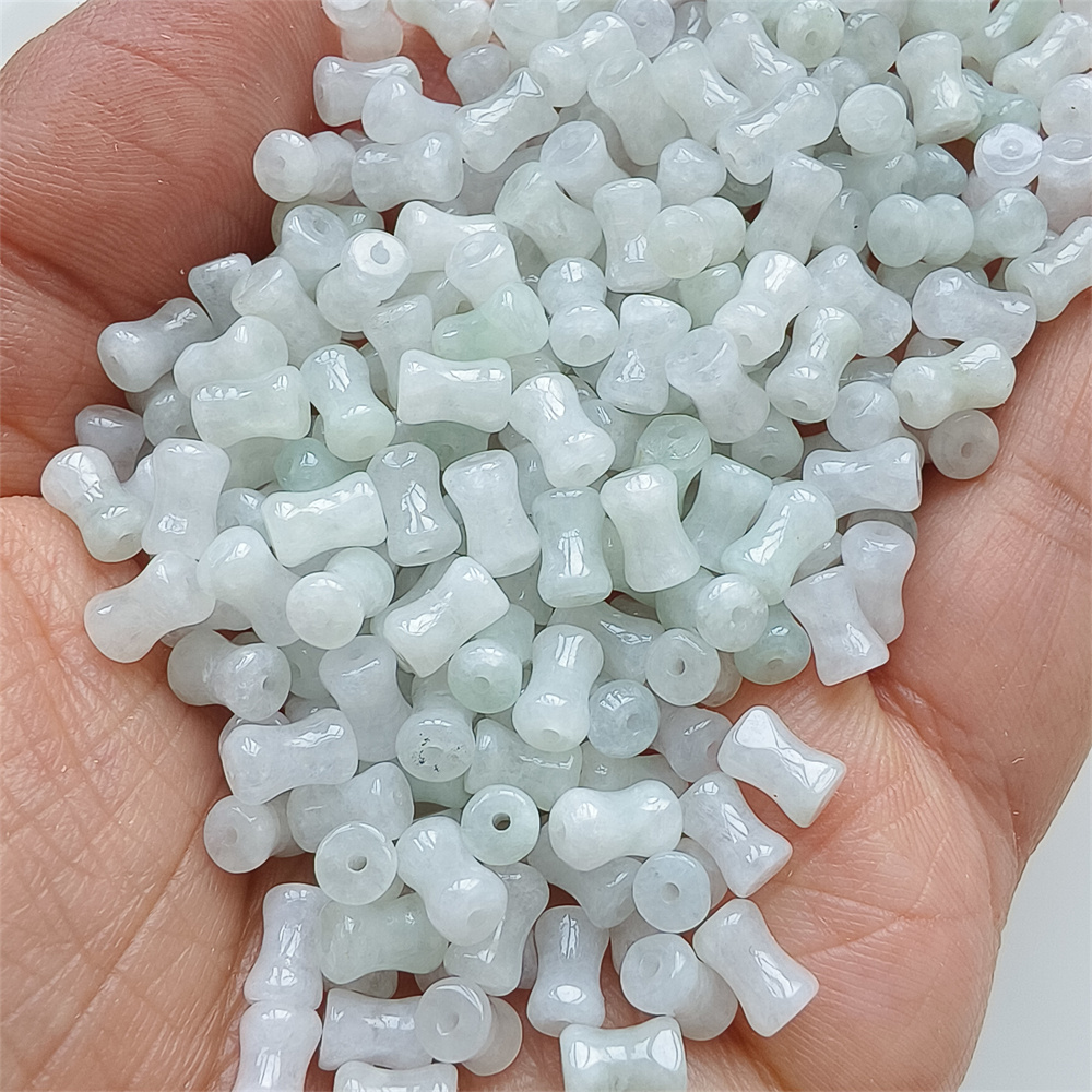 50Pcs 7X4mm Natural Certificated Type A Untreated Icy Waxy Green White Burmese Jadeite Bone Shaped Beads,Burma Jadeite Loose Beads,DIY Jewelry Supplies