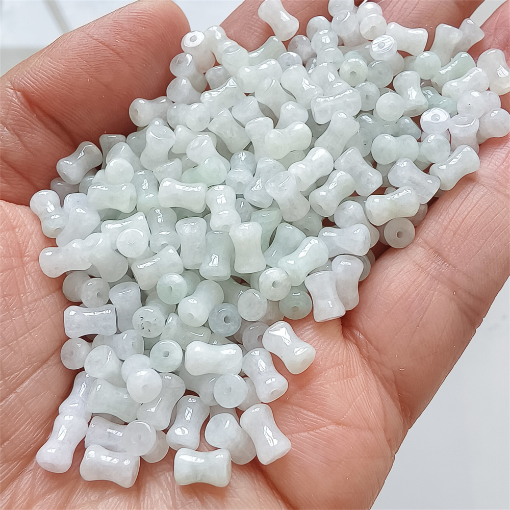 50Pcs 7X4mm Natural Certificated Type A Untreated Icy Waxy Green White Burmese Jadeite Bone Shaped Beads,Burma Jadeite Loose Beads,DIY Jewelry Supplies