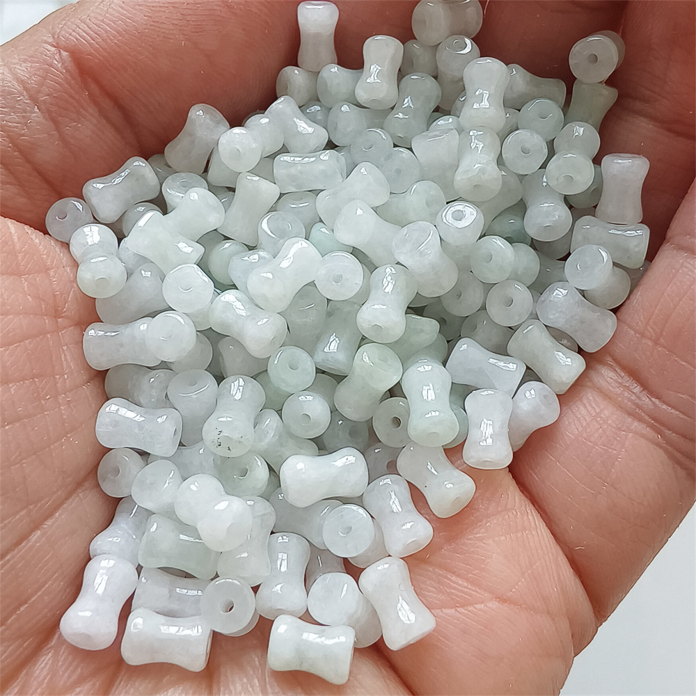 50Pcs 7X4mm Natural Certificated Type A Untreated Icy Waxy Green White Burmese Jadeite Bone Shaped Beads,Burma Jadeite Loose Beads,DIY Jewelry Supplies