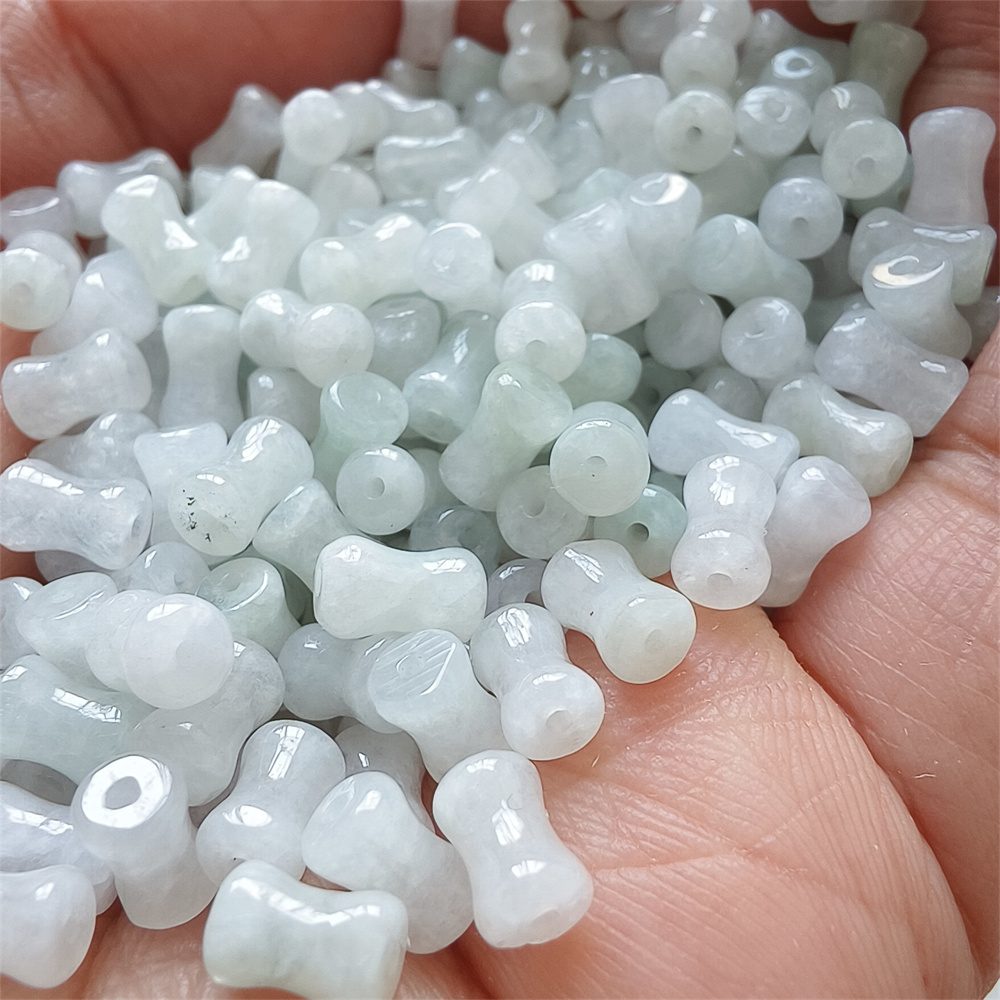 50Pcs 7X4mm Natural Certificated Type A Untreated Icy Waxy Green White Burmese Jadeite Bone Shaped Beads,Burma Jadeite Loose Beads,DIY Jewelry Supplies