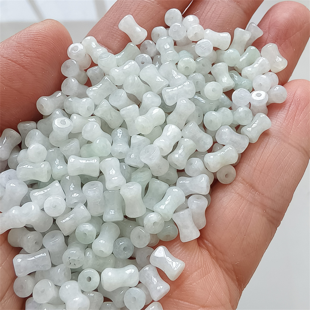50Pcs 7X4mm Natural Certificated Type A Untreated Icy Waxy Green White Burmese Jadeite Bone Shaped Beads,Burma Jadeite Loose Beads,DIY Jewelry Supplies