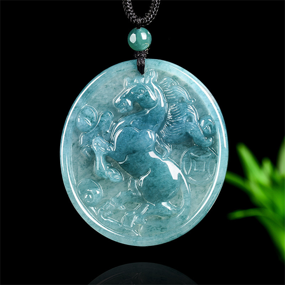 Natural Certificated Type A 46X42X5mm Untreated Icy Waxy Blue Watery Guatemalan Jadeite Oval Pendant With Horse Carved,Chinese Zodiac Pendant Necklace