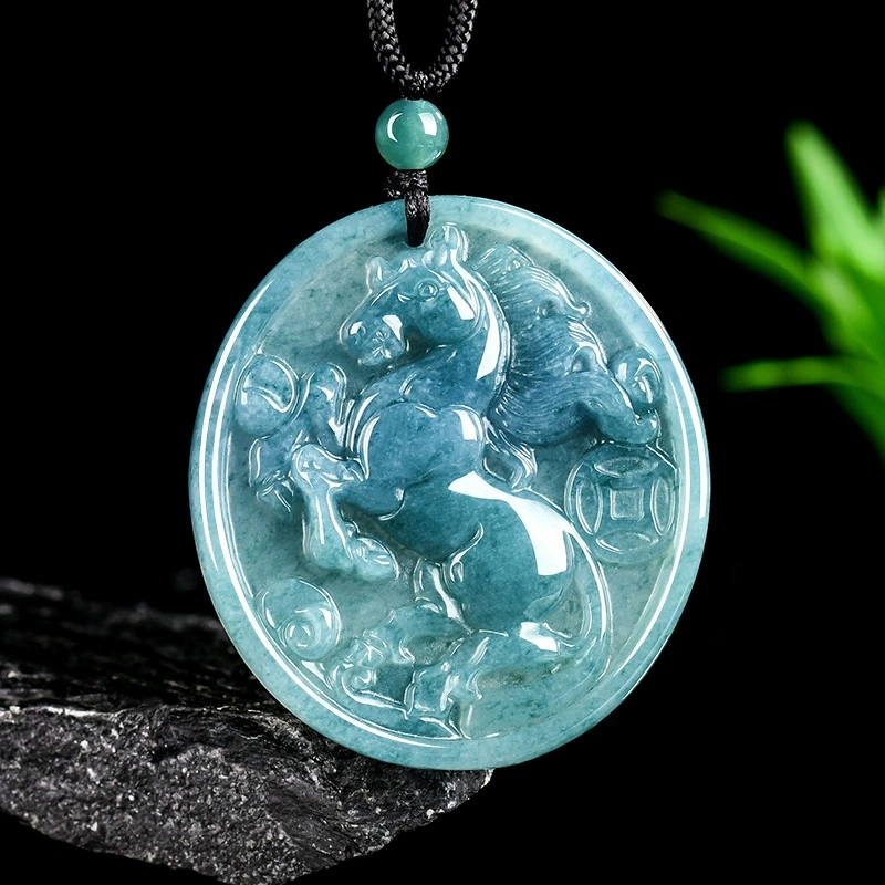 Natural Certificated Type A 46X42X5mm Untreated Icy Waxy Blue Watery Guatemalan Jadeite Oval Pendant With Horse Carved,Chinese Zodiac Pendant Necklace
