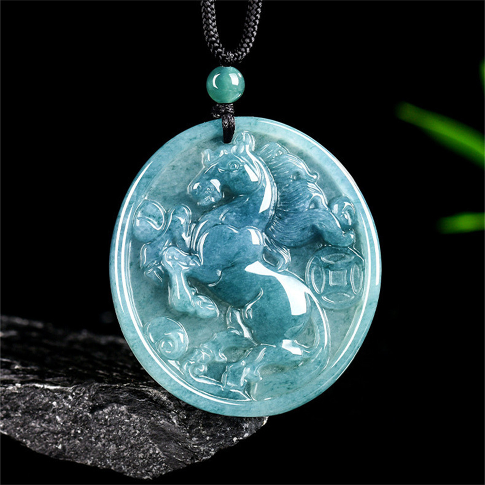 Natural Certificated Type A 46X42X5mm Untreated Icy Waxy Blue Watery Guatemalan Jadeite Oval Pendant With Horse Carved,Chinese Zodiac Pendant Necklace