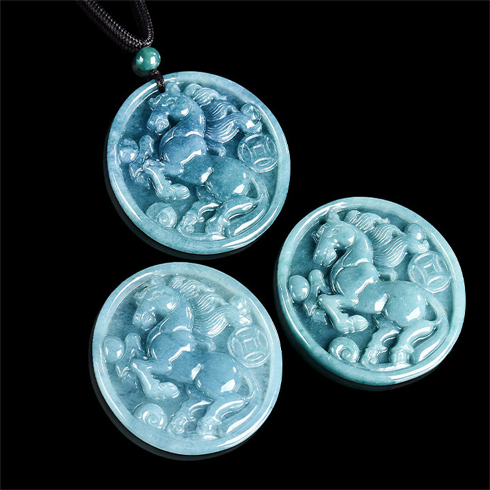 Natural Certificated Type A 46X42X5mm Untreated Icy Waxy Blue Watery Guatemalan Jadeite Oval Pendant With Horse Carved,Chinese Zodiac Pendant Necklace