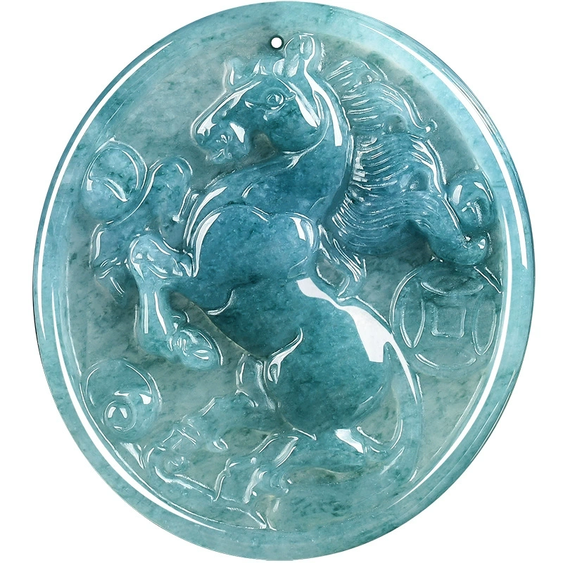 Natural Certificated Type A 46X42X5mm Untreated Icy Waxy Blue Watery Guatemalan Jadeite Oval Pendant With Horse Carved,Chinese Zodiac Pendant Necklace