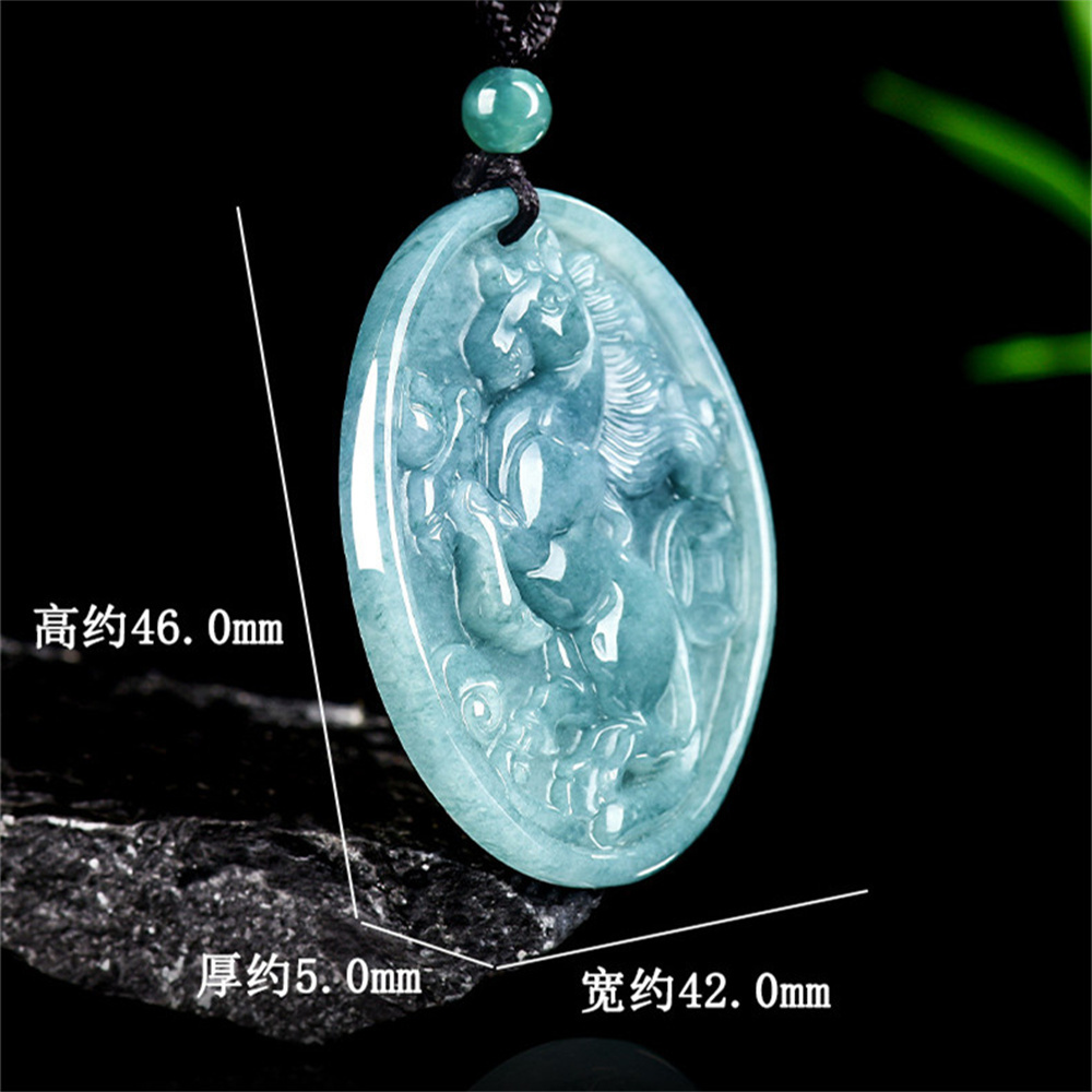 Natural Certificated Type A 46X42X5mm Untreated Icy Waxy Blue Watery Guatemalan Jadeite Oval Pendant With Horse Carved,Chinese Zodiac Pendant Necklace