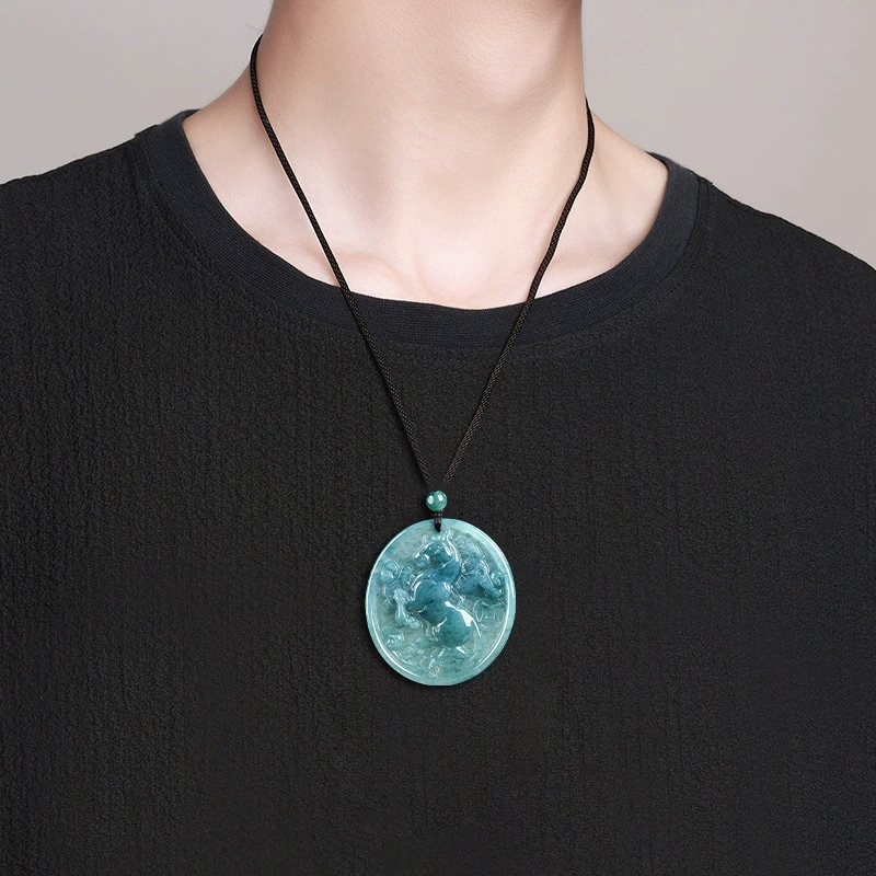Natural Certificated Type A 46X42X5mm Untreated Icy Waxy Blue Watery Guatemalan Jadeite Oval Pendant With Horse Carved,Chinese Zodiac Pendant Necklace
