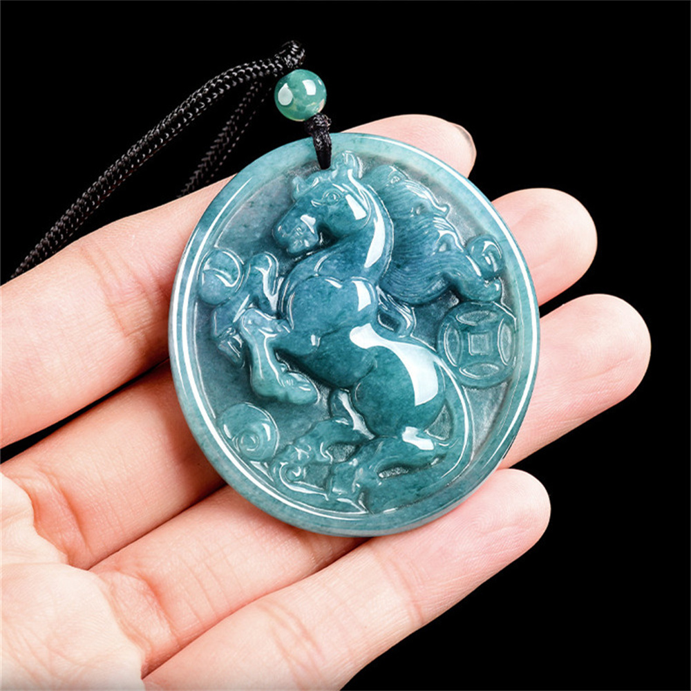 Natural Certificated Type A 46X42X5mm Untreated Icy Waxy Blue Watery Guatemalan Jadeite Oval Pendant With Horse Carved,Chinese Zodiac Pendant Necklace