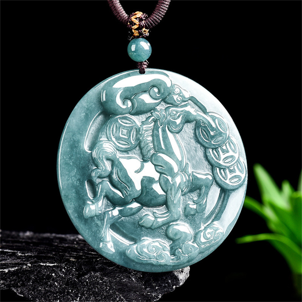 Natural Certificated Type A 50.5X5mm Untreated Icy Waxy Blue Watery Guatemalan Jadeite Round Pendant With Horse Carved,Chinese Zodiac Pendant Necklace