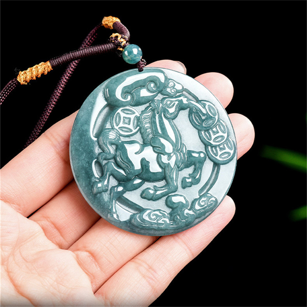 Natural Certificated Type A 50.5X5mm Untreated Icy Waxy Blue Watery Guatemalan Jadeite Round Pendant With Horse Carved,Chinese Zodiac Pendant Necklace