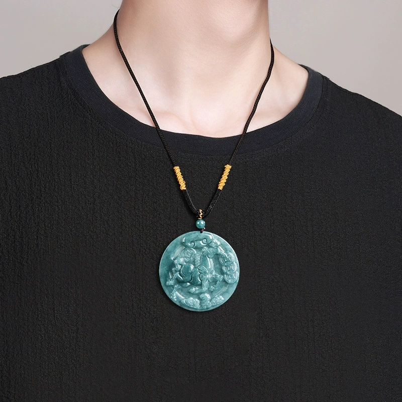 Natural Certificated Type A 50.5X5mm Untreated Icy Waxy Blue Watery Guatemalan Jadeite Round Pendant With Horse Carved,Chinese Zodiac Pendant Necklace