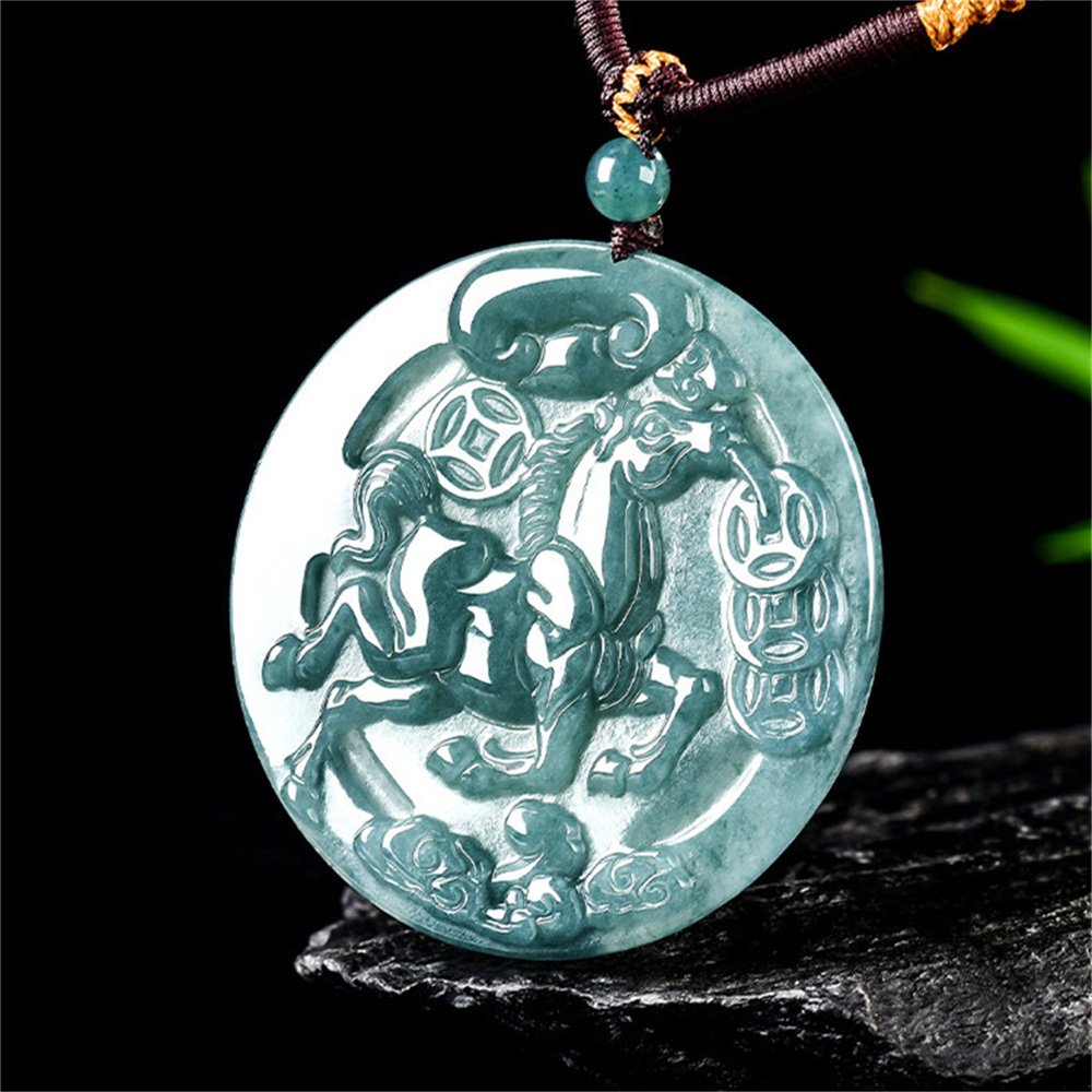 Natural Certificated Type A 50.5X5mm Untreated Icy Waxy Blue Watery Guatemalan Jadeite Round Pendant With Horse Carved,Chinese Zodiac Pendant Necklace