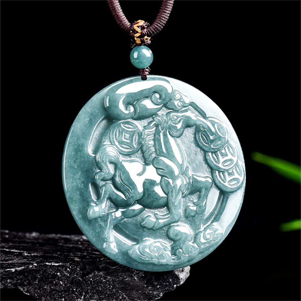 Natural Certificated Type A 50.5X5mm Untreated Icy Waxy Blue Watery Guatemalan Jadeite Round Pendant With Horse Carved,Chinese Zodiac Pendant Necklace