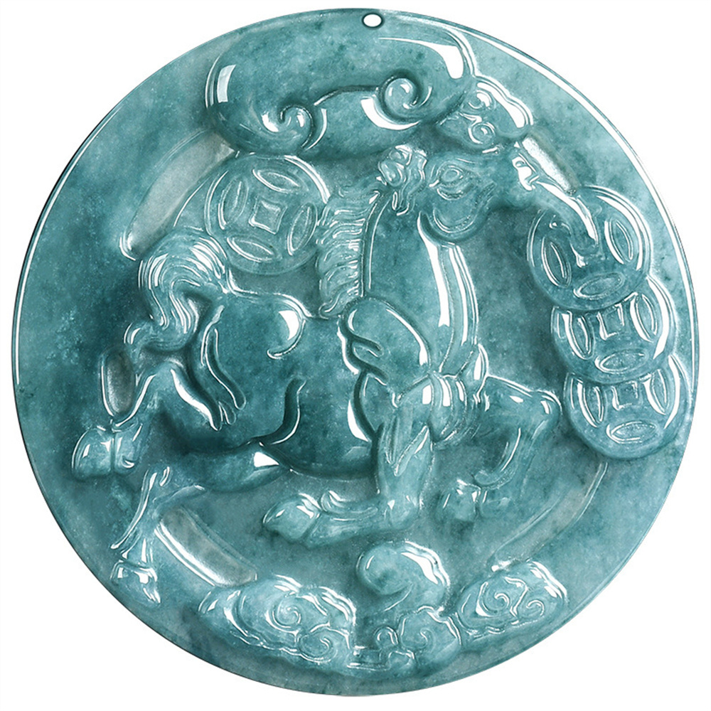 Natural Certificated Type A 50.5X5mm Untreated Icy Waxy Blue Watery Guatemalan Jadeite Round Pendant With Horse Carved,Chinese Zodiac Pendant Necklace