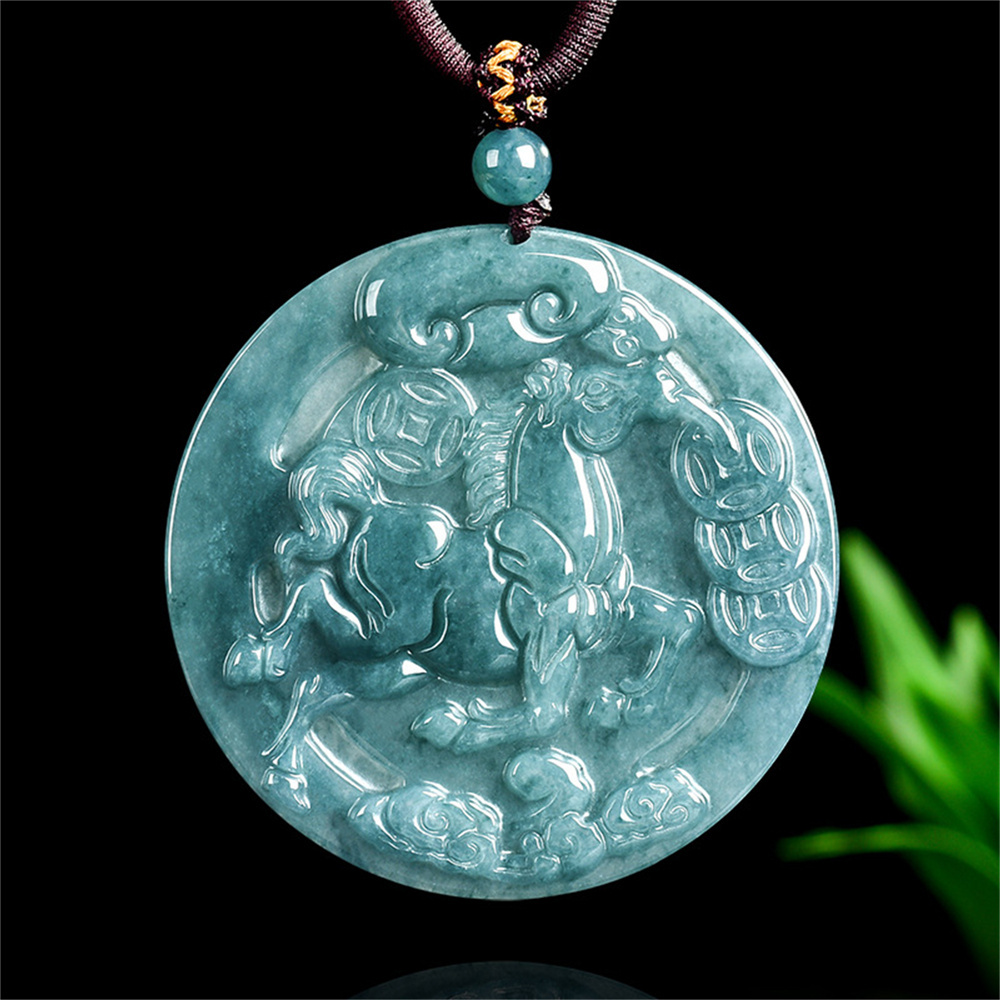 Natural Certificated Type A 50.5X5mm Untreated Icy Waxy Blue Watery Guatemalan Jadeite Round Pendant With Horse Carved,Chinese Zodiac Pendant Necklace