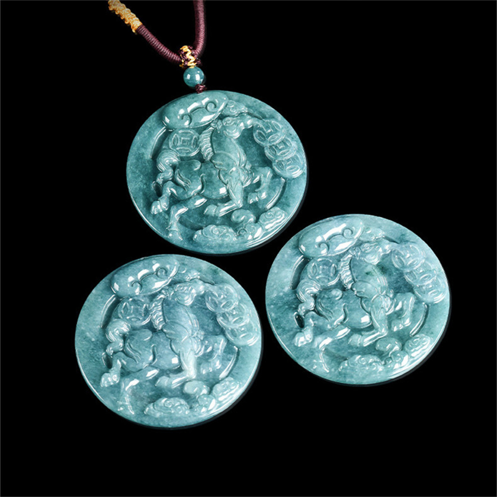 Natural Certificated Type A 50.5X5mm Untreated Icy Waxy Blue Watery Guatemalan Jadeite Round Pendant With Horse Carved,Chinese Zodiac Pendant Necklace