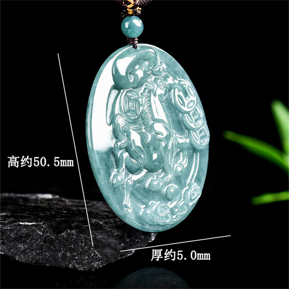 Natural Certificated Type A 50.5X5mm Untreated Icy Waxy Blue Watery Guatemalan Jadeite Round Pendant With Horse Carved,Chinese Zodiac Pendant Necklace