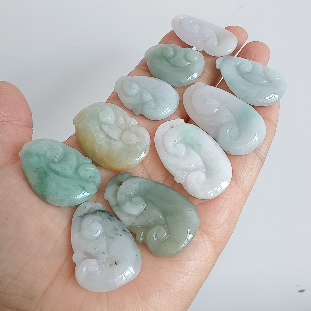 2pcs Natural Certificated Type A 21-39X17-25X4-7mm Green White Yellow Burmese Jadeite Ruyi Pendant,Amulet Pendant,DIY Jewelry Supplies