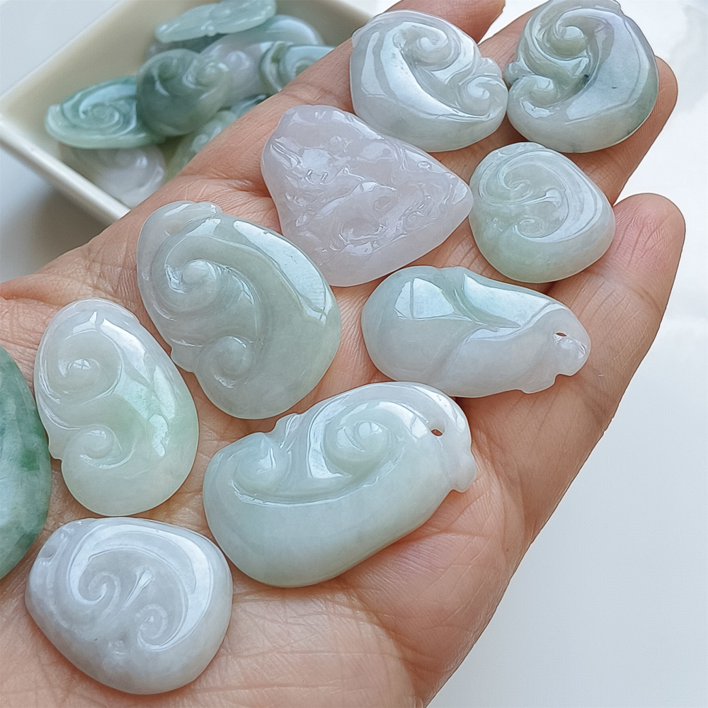 2pcs Natural Certificated Type A 21-39X17-25X4-7mm Green White Yellow Burmese Jadeite Ruyi Pendant,Amulet Pendant,DIY Jewelry Supplies