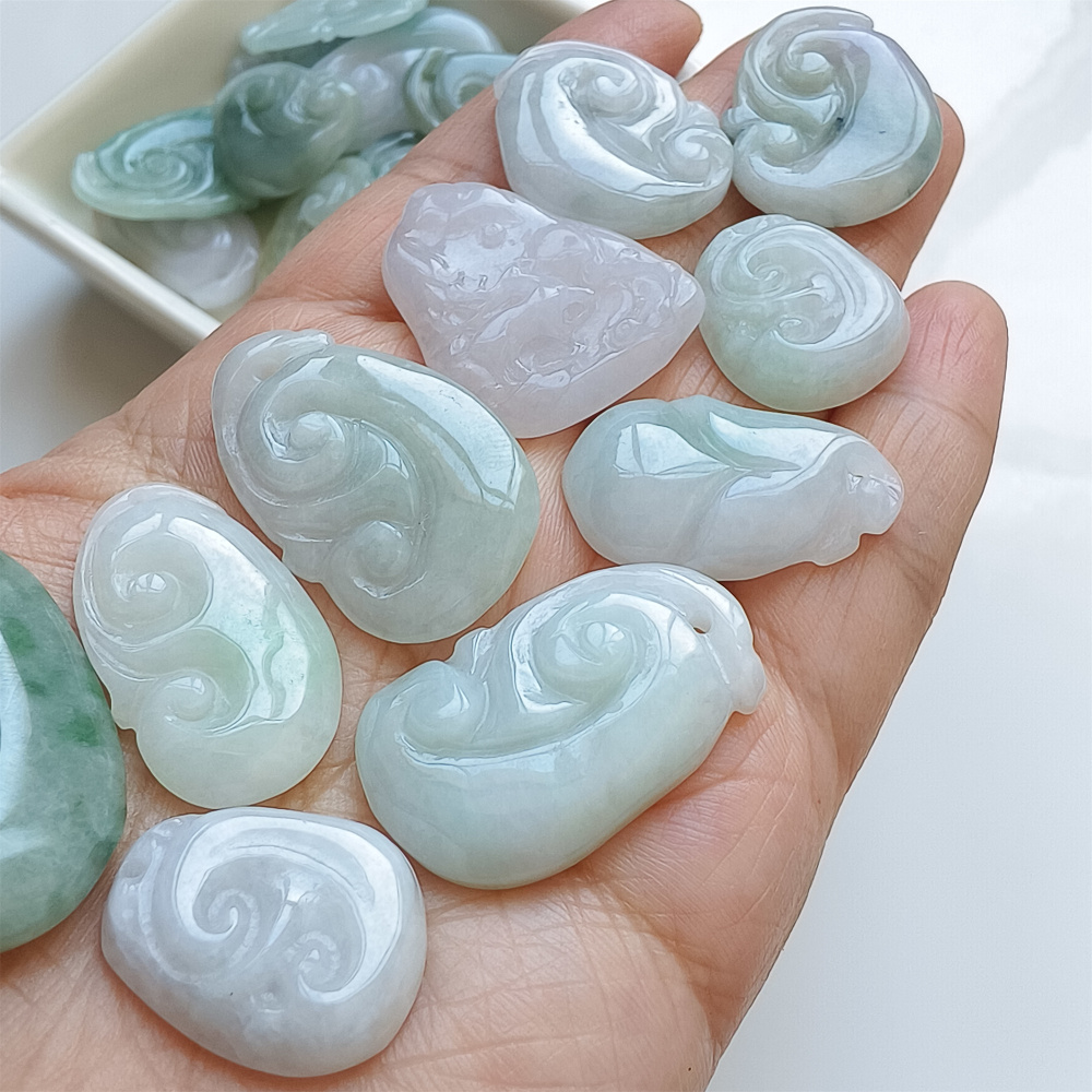 2pcs Natural Certificated Type A 21-39X17-25X4-7mm Green White Yellow Burmese Jadeite Ruyi Pendant,Amulet Pendant,DIY Jewelry Supplies