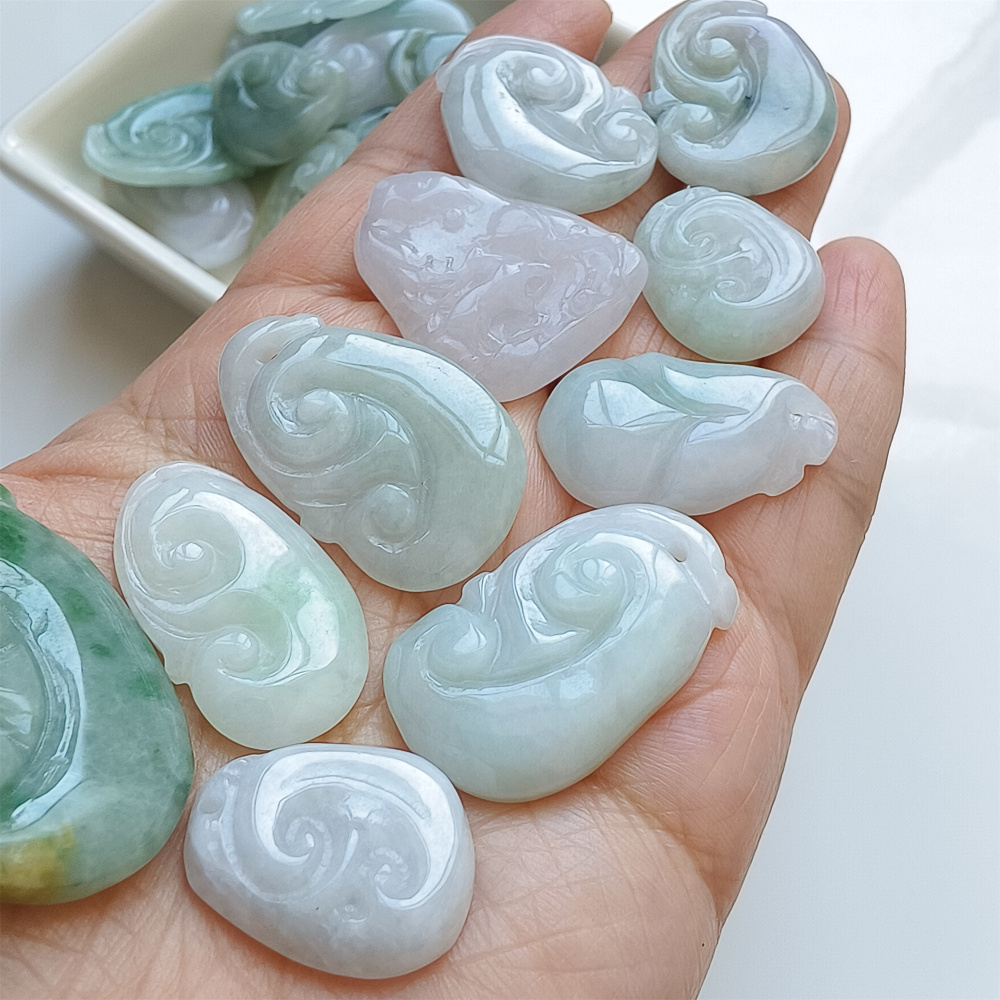 2pcs Natural Certificated Type A 21-39X17-25X4-7mm Green White Yellow Burmese Jadeite Ruyi Pendant,Amulet Pendant,DIY Jewelry Supplies