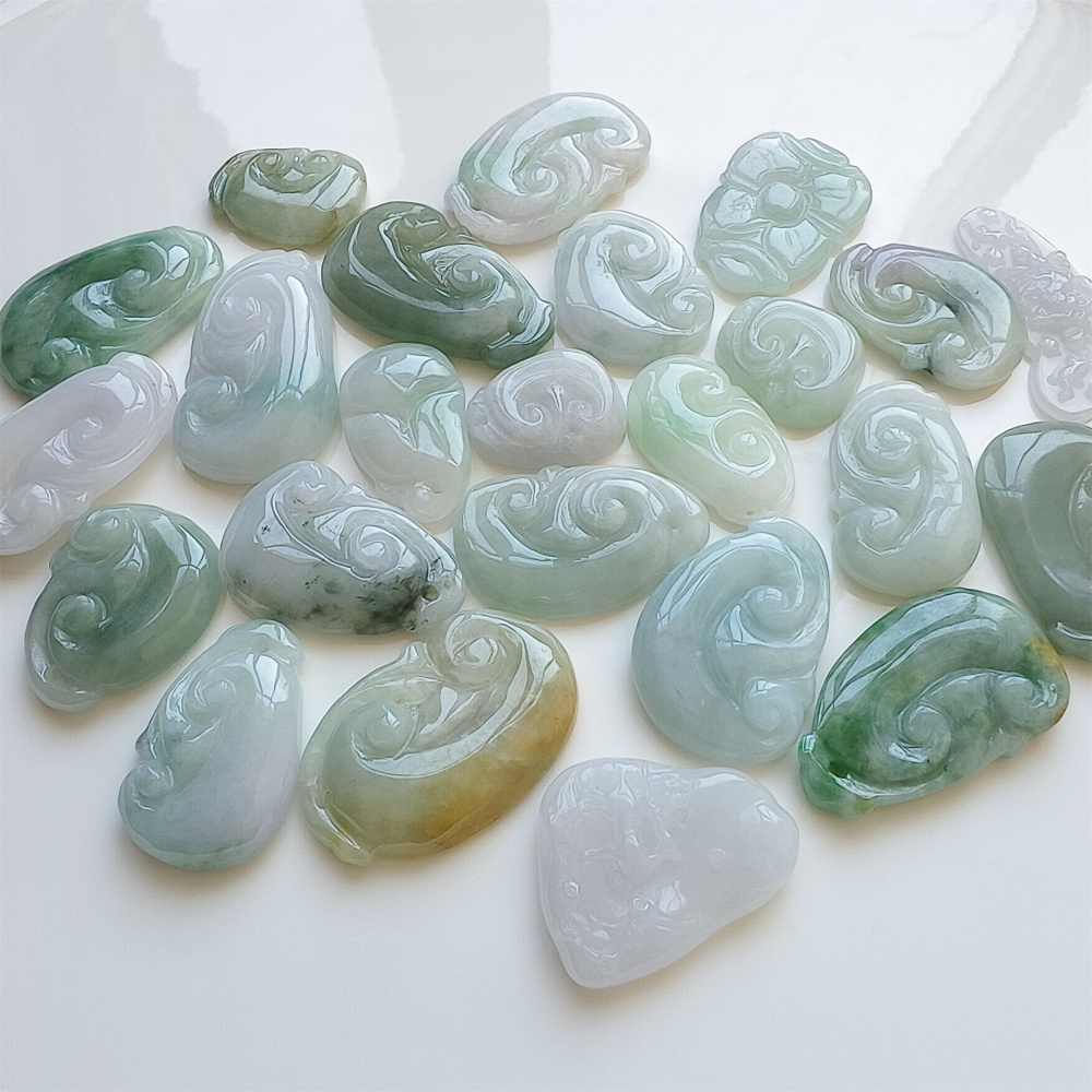 2pcs Natural Certificated Type A 21-39X17-25X4-7mm Green White Yellow Burmese Jadeite Ruyi Pendant,Amulet Pendant,DIY Jewelry Supplies