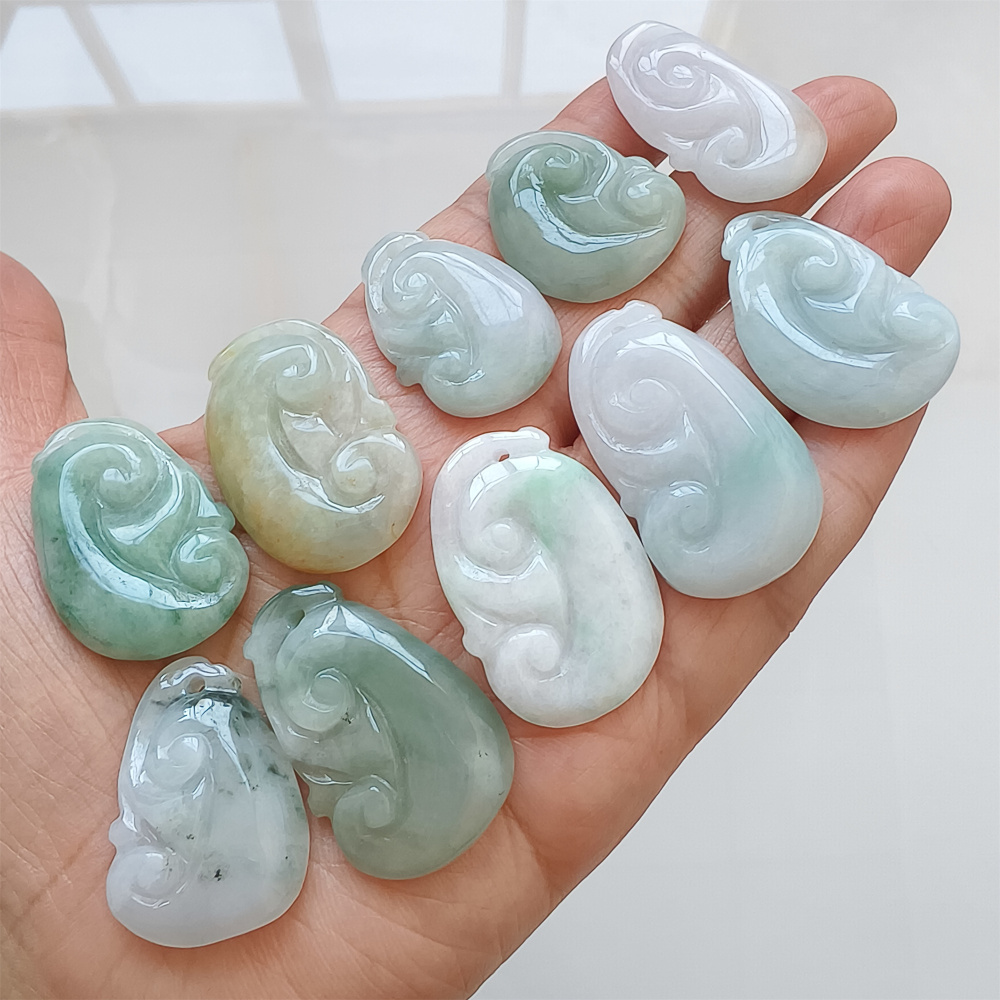 2pcs Natural Certificated Type A 21-39X17-25X4-7mm Green White Yellow Burmese Jadeite Ruyi Pendant,Amulet Pendant,DIY Jewelry Supplies