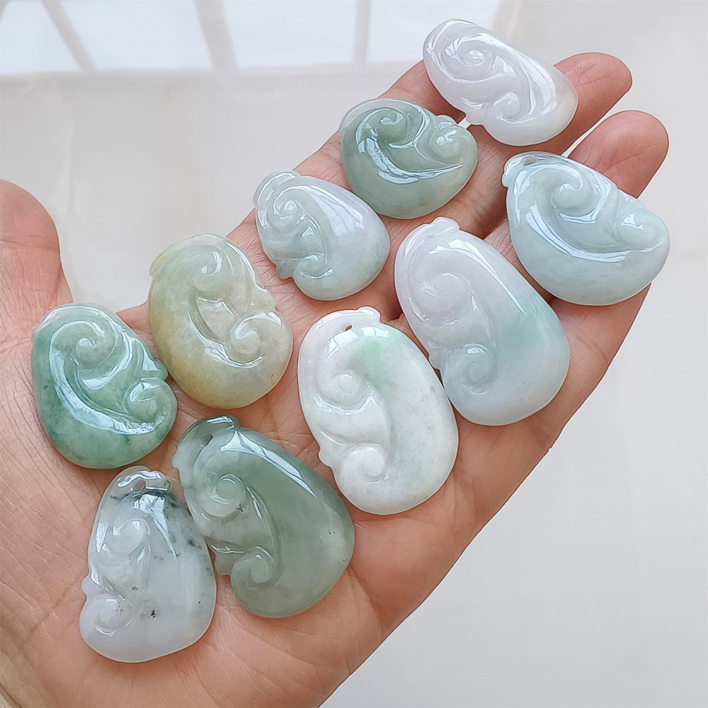 2pcs Natural Certificated Type A 21-39X17-25X4-7mm Green White Yellow Burmese Jadeite Ruyi Pendant,Amulet Pendant,DIY Jewelry Supplies