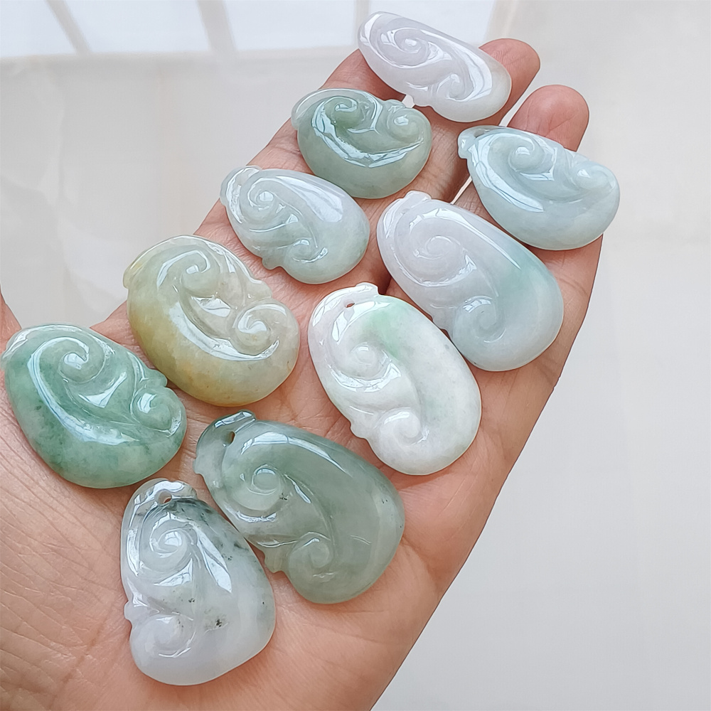 2pcs Natural Certificated Type A 21-39X17-25X4-7mm Green White Yellow Burmese Jadeite Ruyi Pendant,Amulet Pendant,DIY Jewelry Supplies