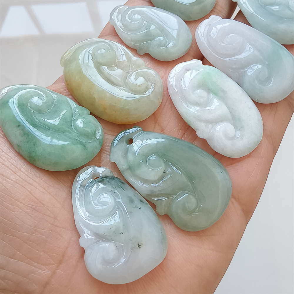 2pcs Natural Certificated Type A 21-39X17-25X4-7mm Green White Yellow Burmese Jadeite Ruyi Pendant,Amulet Pendant,DIY Jewelry Supplies